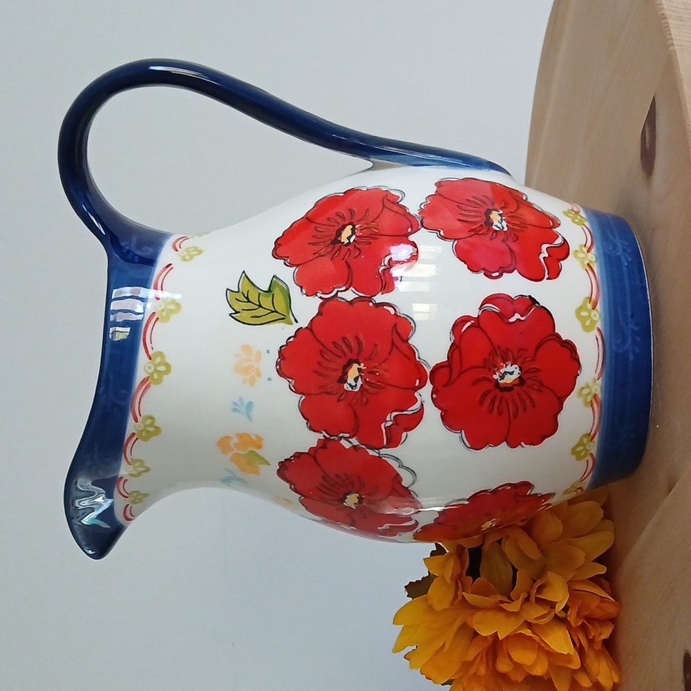 Dutch Wax Red Floral Blue Trim Handpainted Pitcher Yellow Flowers Green Leaves
